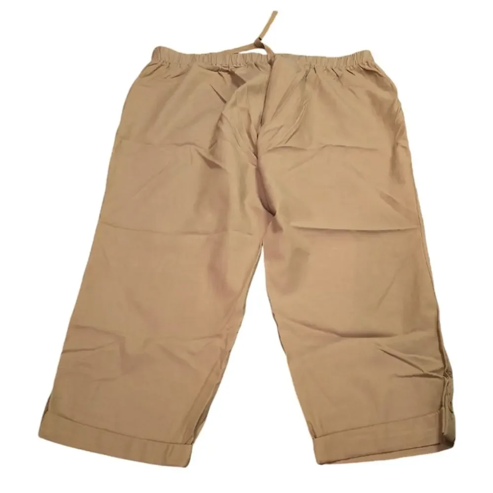 Talbots Drawstring Tie Waist Pull On‎ Khaki Button Detail Capri Pants Plus Sz 22